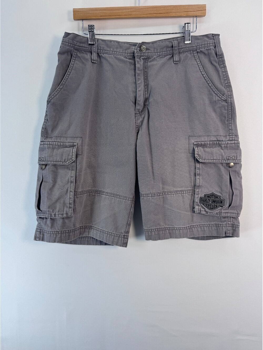 Harley Davidson Mens Gray Cargo Shorts Cotton Biker Y2K Moto Utility Size 34